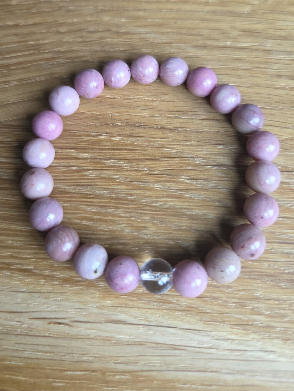 Pink Rhodonite & Clear Quartz Beads Stretch Bracelet - Hand Crafted